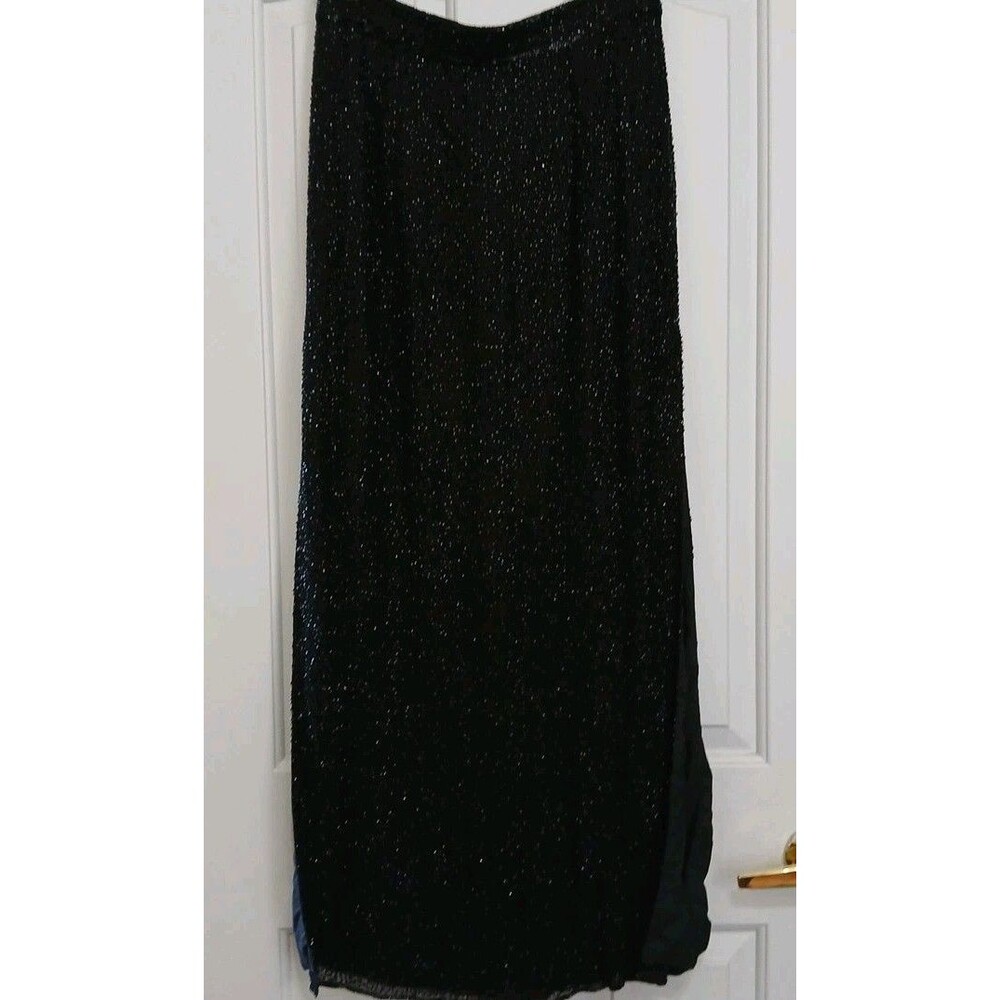 Cecily Brown Black Silk Beaded Formal Maxi Skirt M Ball Gown Elegant Side Slits